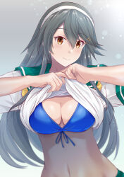 Rule 34 | 1girl, bikini, bikini under clothes, black hair, blue bikini, breasts, brown eyes, cleavage, clothes lift, commentary request, front-tie bikini top, front-tie top, green sailor collar, hair ornament, hairband, hairclip, haruna (kancolle), highres, kantai collection, large breasts, lifted by self, long hair, map (blue catty), sailor collar, sailor shirt, school uniform, serafuku, shirt, shirt lift, solo, swimsuit, upper body, white hairband