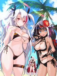 Rule 34 | 3girls, alternate costume, anchor symbol, ariso kaoru, arm up, azur lane, beach, bikini, black hair, blue eyes, blush, breasts, cleavage, closed mouth, cloud, collarbone, commentary request, day, deutschland (azur lane), deutschland (service time?!) (azur lane), earrings, fangs, flag print, flower, german flag bikini, graf zeppelin (azur lane), graf zeppelin (beachside urd) (azur lane), groin, hair flower, hair ornament, hand on own stomach, hand up, hands on own chest, hands up, hibiscus, highleg, highleg bikini, highres, jacket, jewelry, large breasts, legs apart, light rays, long hair, looking at viewer, micro bikini, mole, mole on breast, multicolored hair, multiple girls, navel, open mouth, outdoors, palm tree, panties, pendant, prinz eugen (azur lane), prinz eugen (unfading smile) (azur lane), red eyes, red hair, side-tie bikini bottom, sky, standing, streaked hair, sunlight, swimsuit, tan, tanline, thigh strap, thighs, tree, twintails, two side up, underboob, underwear, very long hair, white hair
