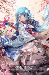 1girl black_sandals blue_bow blue_eyes blue_flower blue_gemstone blue_hair blue_kimono bow branch calligraphy_brush card_(medium) character_name cherry_blossoms closed_mouth dot_nose floral_print flower full_body game_cg gem gem_hair_ornament hair_bow hair_flower hair_ornament hairclip holding holding_calligraphy_brush holding_paintbrush ink_on_face ink_stain japanese_clothes kimono light_blush long_sleeves looking_at_viewer magia_record:_mahou_shoujo_madoka_magica_gaiden magical_girl mahou_shoujo_madoka_magica miki_sayaka miki_sayaka_(haregi_ver.) official_alternate_costume official_art okobo on_one_knee outdoors oversized_object paintbrush petals pink_flower platform_sandals punyan sandals short_hair sky smile socks solo tabi two-tone_kimono v-shaped_eyebrows white_kimono white_socks wide_sleeves yellow_sky yukata