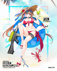 Rule 34 | 1girl, ahoge, anger vein, animal, ankle ribbon, battle rifle, bikini, blue eyes, blue ribbon, blush, breasts, brown hair, cherry, choker, cleavage, collarbone, copyright name, cup, eyewear on head, fal (fal&#039;s summer) (girls&#039; frontline), fal (girls&#039; frontline), ferret, flower, fn fal, food, fruit, full body, girls&#039; frontline, groin, gun, hair between eyes, hair ribbon, hat, hat flower, hat ribbon, head tilt, holding, holding cup, innertube, knee up, large breasts, leg ribbon, lobster, logo, long hair, looking at viewer, mouth hold, navel, official alternate costume, official art, red bikini, ribbon, rifle, sandals, scrunchie, side-tie bikini bottom, side ponytail, sidelocks, sitting, solo, stomach, straw hat, suisai (suisao), sunglasses, swim ring, swimsuit, thigh strap, tropical drink, very long hair, water gun, weapon, wrist scrunchie, wristband
