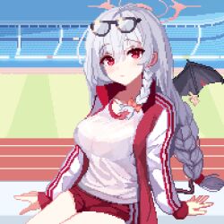 Rule 34 | 1girl, bat wings, black wings, blue archive, bow, braid, breasts, buruma, commentary, demon wings, english commentary, eyewear on head, glasses, gym shirt, gym uniform, hair bow, halo, haruna (blue archive), haruna (track) (blue archive), jacket, large breasts, long hair, looking at viewer, open clothes, open jacket, pink bow, pink halo, pixel art, red buruma, red eyes, red jacket, shirt, side braid, single wing, sitting, solo, stadium, tinia etru, track jacket, very long hair, white hair, white shirt, wing ornament, wing piercing, wings