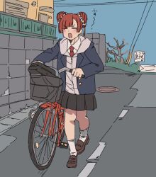 Rule 34 | 1girl, bicycle, blazer, blush, braid, brown hair, closed eyes, highres, hood, hooded jacket, jacket, laufen (sousou no frieren), loafers, necktie, outdoors, perutore, pleated skirt, school uniform, shoes, skirt, socks, solo, sousou no frieren, tears, twin braids, white socks, yawning