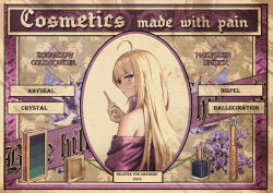 Rule 34 | 1675, 1girl, ahoge, bare shoulders, blonde hair, blue lips, blue nails, commentary request, cosmetics, dress, english text, eyeshadow, from behind, grey eyes, hand up, highres, holding, lipstick tube, long hair, looking at viewer, looking back, makeup, nail polish, off-shoulder dress, off shoulder, original, purple dress, solo, very long hair, yurichtofen