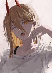 Rule 34 | 1girl, blonde hair, bra strap, chainsaw man, collarbone, commentary request, cross-shaped pupils, hair between eyes, hand on own face, hand on own neck, head tilt, highres, horns, komura hiroto, long hair, long hair between eyes, looking at viewer, one eye closed, open mouth, power (chainsaw man), red horns, shirt, shoulder blades, single tear, solo, straight hair, symbol-shaped pupils, teeth, tongue, upper body, white background, white shirt