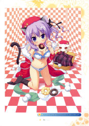 Rule 34 | 1girl, absurdres, animal ears, black thighhighs, blue eyes, blush, bow, bow bra, bow panties, bra, breasts, cat ears, cat tail, checkered background, checkered floor, cleavage, covered erect nipples, creature, doughnut, floor, food, hair ornament, hat, highres, image sample, kneeling, leaning forward, lingerie, long hair, looking at viewer, medium breasts, mihama hitsuji, moribe (rabumanyo), natsu yume nagisa, navel, no shoes, panties, paw print, plaid, plaid skirt, ponytail, purple hair, scan, scarf, side ponytail, skirt, solo, striped clothes, striped panties, sweatdrop, tail, thighhighs, underwear, underwear only, undressing, white bra