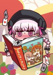 Rule 34 | 10s, 1girl, blush, book, braid, card, fate/extra, fate/grand order, fate (series), female pervert, fujimaru ritsuka (female), hat, heart, holding hands, manga (object), mash kyrielight, nursery rhyme (fate), official art, open book, pantyhose, pervert, pink eyes, pink hair, pornography, shipping (fandom), riyo (lyomsnpmp), smiley face, solo, viewing pornography, yuri