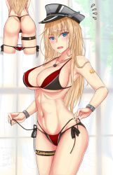 Rule 34 | 1girl, bikini, bismarck (kancolle), blonde hair, blue eyes, breasts, collarbone, commentary request, cowboy shot, graphite (medium), grey headwear, hat, highres, jewelry, kantai collection, large breasts, layered bikini, long hair, mechanical pencil, mickey dunn, navel, necklace, peaked cap, pencil, side-tie bikini bottom, standing, swimsuit, thigh strap, thong bikini, traditional media