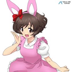 Rule 34 | 1girl, acrux, akiyama yukari, alternate costume, animal ears, artist logo, bow, brown eyes, brown hair, calling, collared dress, commentary, dated, dress, easter, english commentary, fake animal ears, frilled dress, frills, girls und panzer, hair bow, looking at viewer, messy hair, open mouth, pink dress, puffy short sleeves, puffy sleeves, rabbit ears, red bow, short dress, short hair, short sleeves, simple background, smile, solo, standing, twitter username, white background