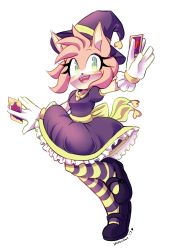 Rule 34 | 1girl, absurdres, alternate costume, amy rose, animal nose, arm up, artist name, back bow, blush, bow, breasts, card, dated, dress, fangs, female focus, frilled dress, frills, full body, furry, furry female, gloves, green eyes, happy, hat, heart, highres, holding, leg up, multicolored clothes, multicolored legwear, open mouth, outline, outstretched arms, pantyhose, pink hair, playing card, puffy short sleeves, puffy sleeves, purple dress, purple footwear, purple hat, purple legwear, sash, shoes, short hair, short sleeves, signature, simple background, small breasts, smile, solo, sonic (series), spacecolonie, standing, standing on one leg, striped clothes, striped legwear, striped pantyhose, teeth, transparent background, white gloves, white outline, witch, witch hat, yellow legwear