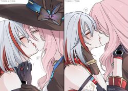 Rule 34 | 2girls, ^ ^, baconontheclock, bare shoulders, black bow, black gloves, black hat, bow, closed eyes, commentary request, french kiss, gloves, grey eyes, hat, hat bow, highres, honkai: star rail, honkai (series), jade (honkai: star rail), kiss, korean commentary, long hair, multicolored hair, multiple girls, multiple views, pink hair, red hair, simple background, streaked hair, topaz (honkai: star rail), white background, white hair, yuri