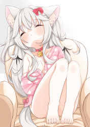 Rule 34 | 1girl, :o, animal ear fluff, animal ears, armchair, bad id, bad pixiv id, barefoot, bell, black wings, blush, bow, breasts, chair, choker, closed eyes, collarbone, commentary request, facing viewer, grey hair, hair between eyes, hair bow, highres, jacket, jingle bell, knees up, long hair, minato yu (0514), mini wings, neck bell, off shoulder, on chair, open clothes, open jacket, original, parted lips, pink jacket, polka dot, polka dot jacket, red bow, red choker, sitting, small breasts, solo, tail, very long hair, wings