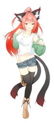 Rule 34 | 1girl, alternate costume, alternate hair length, alternate hairstyle, animal ear fluff, animal ears, black thighhighs, breasts, brown footwear, cat ears, cat girl, cat tail, clenched hands, commentary, contemporary, denim, denim shorts, full body, groin, half-closed eyes, highres, kaenbyou rin, long sleeves, medium breasts, mixed-language commentary, multiple tails, navel, nekomata, parted lips, ponytail, psychopath idiot, red eyes, red hair, shirt, short shorts, shorts, simple background, solo, tail, thighhighs, touhou, two tails, white background, white shirt
