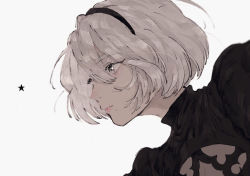 Rule 34 | 1girl, 2b (nier:automata), black hairband, closed mouth, grey background, grey eyes, hair between eyes, hairband, mole, mole under mouth, nier:automata, nier (series), pink lips, portrait, see-through, short hair, simple background, solo, sparkle, star (symbol), tokotoko numa, turtleneck, upper body, white hair