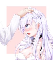 Rule 34 | 1boy, 1girl, azur lane, belfast (azur lane), blue eyes, blush, braid, breasts, chain, cleavage, collar, collarbone, dress, embarrassed, french braid, frills, headpat, highres, large breasts, long hair, looking at another, maid, maid headdress, open mouth, outside border, pon (koteigainen), solo focus, white hair