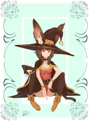 Rule 34 | 1girl, adapted costume, animal ear fluff, artist name, belt, black cape, black choker, black hat, black thighhighs, blue background, border, breasts, brown hair, cape, choker, cleavage, closed mouth, collarbone, ears through headwear, female focus, fold-over boots, full body, gem, happy, hat, holding, holding staff, knees up, kono subarashii sekai ni shukufuku wo!, leotard, looking at viewer, m legs, medium hair, megumin, orange footwear, rabbit ears, rabbit girl, red eyes, red gemstone, red leotard, sidelocks, signature, sitting, small breasts, smile, solo, spindle (aidenr0), staff, thighhighs, white border, witch hat
