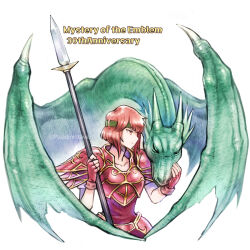 Rule 34 | 1girl, anniversary, armor, breastplate, closed mouth, collarbone, dragon, facing to the side, fingerless gloves, fire emblem, fire emblem: mystery of the emblem, gloves, green headband, headband, holding, holding polearm, holding weapon, izapara, looking at another, minerva (fire emblem), nintendo, polearm, red eyes, red gloves, red hair, short hair, shoulder armor, smile, spear, twitter username, weapon, white background, wings, wyvern