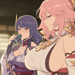 Rule 34 | 2girls, animal ears, bare shoulders, blurry, blurry background, blush, bottle, breast envy, breasts, cleavage, closed mouth, detached sleeves, drinking, earrings, genshin impact, hair ornament, half-closed eyes, highres, holding, holding bottle, japanese clothes, jewelry, kimono, large breasts, long hair, looking at breasts, maiqo, meme, mole, mole on breast, mole under eye, multiple girls, obi, pink hair, purple eyes, purple hair, purple kimono, raiden shogun, sash, sideboob, smile, spilling, yae miko