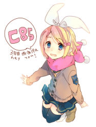 Rule 34 | 1girl, bad id, bad pixiv id, black thighhighs, blonde hair, blue eyes, boots, bow, cardigan, english text, fang, hair bow, kagamine rin, open mouth, ousaka nozomi, scarf, short hair, solo, speech bubble, thighhighs, vocaloid