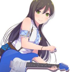 Rule 34 | 1girl, armband, ayasaka, bang dream!, black hair, blue necktie, bracelet, collared shirt, commentary request, drop shadow, electric guitar, esp guitars, green eyes, guitar, hanazono tae, instrument, jewelry, long hair, looking at viewer, necktie, outline, plectrum, shirt, smile, solo, star (symbol), suspenders, white background, white outline, white shirt