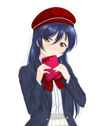 Rule 34 | 1girl, artist name, artist request, beret, blazer, blue hair, box, female focus, gift, gift box, hair between eyes, hat, heart, highres, holding, holding gift, jacket, long hair, looking at viewer, love live!, love live! school idol festival, love live! school idol project, n61nor, pleated skirt, school uniform, simple background, skirt, smile, solo, sonoda umi, standing, white background, yellow eyes