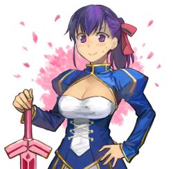 Rule 34 | 1girl, artoria pendragon (all), artoria pendragon (fate), b suke, blush, breasts, cleavage, cleavage cutout, clothing cutout, cosplay, fate/stay night, fate (series), hair ribbon, hair up, hand on own hip, large breasts, matou sakura, ponytail, purple eyes, purple hair, ribbon, saber (fate), saber (fate) (cosplay), smile, solo, sword, weapon