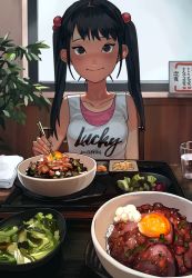 Rule 34 | 1girl, black eyes, black hair, bowl, chopsticks, cup, egg yolk, female focus, food, hair bobbles, hair ornament, highres, indoors, looking at viewer, meat, original, plant, potted plant, rice, smile, solo, summergoat, table, twintails, window