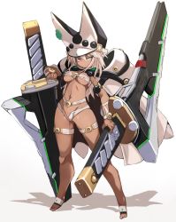 Rule 34 | 1girl, areola slip, belt bra, breasts, brown eyes, closed mouth, clover, commentary request, covered erect nipples, dark-skinned female, dark skin, four-leaf clover, guilty gear, hat, highres, holding, holding sword, holding weapon, huge weapon, karukan (monjya), large breasts, light brown hair, long hair, looking at viewer, micro shorts, navel, ramlethal valentine, revealing clothes, short shorts, shorts, solo, standing, sword, thigh strap, toenails, underboob, weapon, white background, white hat, white shorts