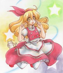 Rule 34 | 1girl, :d, animal, apron, blonde hair, buttons, cat, curly hair, double v, ellen (touhou), eyebrows, fingernails, frilled skirt, frills, hair between eyes, hairband, hands up, io (maryann blue), long hair, marker (medium), millipen (medium), multicolored background, open mouth, painting (medium), palms, pantyhose, pet, pink footwear, pink hairband, pink ribbon, pink skirt, pink vest, puffy short sleeves, puffy sleeves, ribbon, shikishi, shirt, short sleeves, skirt, skirt set, smile, sokrates (touhou), solo, star (symbol), touhou, touhou (pc-98), traditional media, v, vest, waist apron, watercolor (medium), white apron, white pantyhose, white shirt, yellow eyes