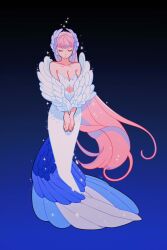Rule 34 | 1girl, absurdres, black background, blue background, blue dress, blue feathers, breasts, cleavage, closed eyes, clothing cutout, detached sleeves, dress, feather hair ornament, feathered wings, feathers, gradient background, hair ornament, highres, long dress, long hair, mermaid dress, meyoco, midriff, original, pink hair, solo, sparkle, stomach cutout, two-tone dress, very long hair, white dress, white feathers, wing print, wings