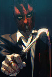Rule 34 | 1boy, black suit, blood, bloody weapon, collared shirt, dorohedoro, hammer, head tilt, holding, holding weapon, light, looking at viewer, male focus, mask, necktie, organoid, shin (dorohedoro), shirt, solo, stitches, suit, upper body, w55674570w, weapon, white shirt