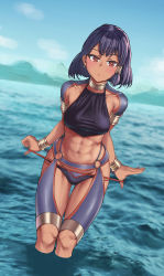 Rule 34 | 1girl, abs, abstract background, absurdres, adjusting clothes, blue hair, blush, breasts, brown eyes, collarbone, dark-skinned female, dark skin, earrings, frown, hair ornament, highres, jewelry, midriff, original, short hair, solo, tan, toin (iitoin), toned, traditional clothes, water
