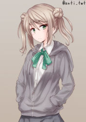 Rule 34 | &gt;:(, 10s, 1girl, anti (untea9), brown background, brown hair, double bun, dress shirt, frown, green eyes, green ribbon, hands in pockets, hood, hoodie, kantai collection, light frown, michishio (kancolle), plaid, plaid ribbon, ribbon, shirt, simple background, skirt, solo, twintails, twitter username, v-shaped eyebrows