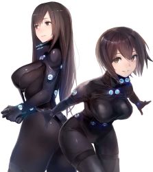 Rule 34 | 2girls, ass, black bodysuit, blush, bodysuit, breasts, brown eyes, brown hair, clenched hands, closed mouth, covered erect nipples, cowboy shot, eyelashes, gantz, gantz suit, glowing, hair between eyes, highres, large breasts, leaning forward, light frown, long hair, looking at viewer, looking away, looking to the side, medium breasts, multiple girls, outstretched arms, own hands together, parted lips, shimohira reika, short hair, simple background, skin tight, smile, standing, swept bangs, taishi (picchiridou), teeth, thigh gap, white background, yamasaki anzu