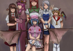 Rule 34 | 6+girls, ^ ^, asano (1063), blouse, braid, closed eyes, collared shirt, crossed legs, embodiment of scarlet devil, female focus, flandre scarlet, framed breasts, hand on own thigh, hat, head wings, hong meiling, izayoi sakuya, koakuma, miniskirt, mob cap, multiple girls, own hands together, patchouli knowledge, pink hat, prank, remilia scarlet, shirt, siblings, sisters, sitting, skirt, standing, swept bangs, thighhighs, touhou, twin braids, v, vampire, white legwear, white shirt, wings