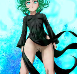 Rule 34 | 1girl, black dress, breasts, closed mouth, covered erect nipples, curly hair, dress, expressionless, from below, green eyes, green hair, highres, impossible clothes, long sleeves, matching hair/eyes, no panties, one-punch man, pussy, short hair, small breasts, solo, tatsumaki, thighs, third-party edit, uncensored