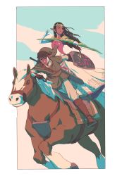 Rule 34 | 1boy, 1girl, alternate hairstyle, alternate skin color, bow (weapon), brown eyes, brown hair, dark skin, dreadlocks, epona, highres, holding, holding bow (weapon), holding shield, holding weapon, holstered, horse, horseback riding, hylian shield, link, looking up, making-of available, nintendo, parted lips, princess zelda, riding, shield, the legend of zelda, the legend of zelda: twilight princess, thick lips, weapon, wynton redmond