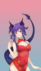 Rule 34 | 1girl, absurdres, arknights, blue background, blue hair, blush, breasts, ch&#039;en (ageless afterglow) (arknights), ch&#039;en (arknights), china dress, chinese clothes, cleavage, cleavage cutout, closed mouth, clothing cutout, commentary, contrapposto, covered navel, cowboy shot, double bun, dragon girl, dragon horns, dragon tail, dress, eyelashes, gold trim, gradient background, hair bun, highres, horns, lai dou laile 555, lips, long hair, looking at viewer, medium breasts, official alternate costume, pink background, purple background, purple eyes, red dress, side slit, sidelocks, simple background, sleeveless, sleeveless dress, smile, solo, standing, tail, thighs