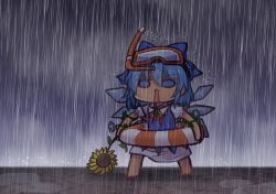 Rule 34 | 1girl, barefoot, blue dress, blue eyes, blue hair, cirno, collared dress, commentary request, dark, dress, flower, hair between eyes, ice, ice wings, one-hour drawing challenge, open mouth, plant, puffy short sleeves, puffy sleeves, rain, red neckwear, red ribbon, ribbon, short hair, short sleeves, snorkel, solo, standing, striped innertube, sunflower, tanned cirno, touhou, unime seaflower, vines, water drop, wing collar, wings