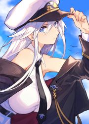 Rule 34 | 1girl, absurdres, adjusting clothes, adjusting headwear, azur lane, bare shoulders, belt, bird, blue eyes, breasts, cloud, cloudy sky, collared shirt, day, enterprise (azur lane), expressionless, eyes visible through hair, hair between eyes, hat, highres, jacket, large breasts, long hair, looking at viewer, mephisto (angraecum), military hat, necktie, off shoulder, shirt, silver hair, sky, sleeveless, sleeveless shirt, solo, upper body