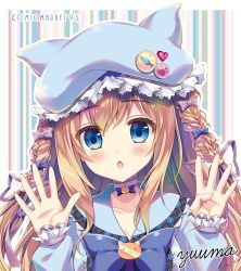 Rule 34 | 1girl, animal hat, badge, beret, blue bow, blue bowtie, blue eyes, blue hat, blue shirt, blush, bow, bowtie, braid, brown hair, button badge, cat, chestnut mouth, choker, collarbone, commentary request, fingernails, hair between eyes, hair bow, hair ribbon, hat, head tilt, long sleeves, looking at viewer, mizuki yuuma, original, parted lips, puffy long sleeves, puffy sleeves, purple bow, purple ribbon, ribbon, shirt, sidelocks, solo, striped, striped background, twin braids, vertical stripes, white choker