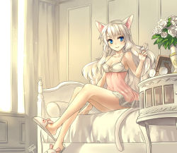 Rule 34 | 1girl, animal ears, animal slippers, bad id, bad pixiv id, bare legs, bare shoulders, bed, blonde hair, blue eyes, breasts, cat ears, cat tail, cleavage, fang, flower, gl ztoh, twirling hair, lace, legs, long hair, medium breasts, nightgown, no bra, original, rose, signature, silver hair, sitting, slippers, smile, solo, tail, white flower, white rose