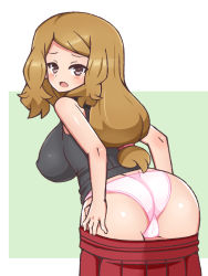 Rule 34 | 1girl, ass, bare shoulders, black shirt, blonde hair, blush, breasts, chro (rulurullu), clothes pull, covered erect nipples, creatures (company), female focus, from behind, game freak, green background, hair tie, large breasts, leaning forward, looking at viewer, looking back, nintendo, open mouth, panties, pink panties, pleated skirt, pokemon, pokemon xy, red skirt, serena (pokemon), shiny skin, shirt, simple background, skirt, skirt pull, sleeveless, sleeveless shirt, solo, standing, two-tone background, underwear, undressing