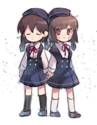 Rule 34 | 2girls, black headwear, black skirt, black socks, brown hair, chara (undertale), closed eyes, closed mouth, frisk (undertale), holding hands, long sleeves, looking at viewer, multiple girls, red eyes, red ribbon, ribbon, shirt, simple background, skirt, smile, socks, undertale, white background, white shirt, white socks, xox xxxxxx