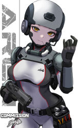 Rule 34 | 1girl, armor, armored bodysuit, belt, belt pouch, bodysuit, breasts, commentary request, commission, explosive, grenade, gun, hand grenade, handgun, headset, helmet, highres, holding, holding gun, holding weapon, holster, looking at viewer, medium breasts, original, pouch, shoulder armor, signature, skeb commission, solo, sunao (70 the), trigger discipline, weapon, yellow eyes