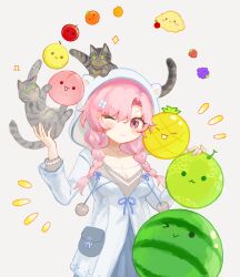 Rule 34 | 1girl, animal, animal ears, apple, blue bow, blush, bow, braid, breasts, cat, cat ears, cherry, closed mouth, dekopon (fruit), dress, emphasis lines, flower, food, fruit, grapes, hair flower, hair ornament, highres, hood, indie virtual youtuber, large breasts, medium breasts, melon, nini yuuna, one eye closed, parted bangs, peach, pear, persimmon, pineapple, pink eyes, pink hair, pom pom (clothes), simple background, smile, spacelongcat, star (symbol), strawberry, suika game, twin braids, virtual youtuber, watermelon, white background, white dress