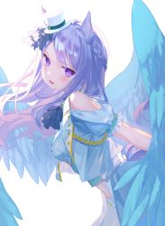 Rule 34 | 1girl, absurdres, animal ears, armor, ascot, blush, breasts, commentary, corset, cropped jacket, feathered wings, floating hair, hat, highres, horse ears, littleamber, long sleeves, looking at viewer, looking to the side, medium breasts, mejiro mcqueen (end of sky) (umamusume), mejiro mcqueen (umamusume), midriff, mini hat, mini top hat, official alternate costume, open mouth, puffy short sleeves, puffy sleeves, purple eyes, purple hair, shirt, short sleeves, shorts, shoulder armor, solo, top hat, umamusume, white shirt, white shorts, wings
