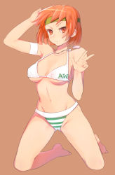 Rule 34 | 1girl, advance wars, advance wars: dual strike, armband, barefoot, bikini, breasts, brown background, clothes writing, covered erect nipples, dog tags, groin, headband, jewelry, kneeling, looking at viewer, matching hair/eyes, naso4, navel, necklace, nintendo, orange eyes, orange hair, sami (advance wars), short hair, solo, striped bikini, striped clothes, swimsuit, underboob
