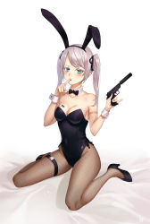 Rule 34 | 1girl, aliceblue, animal ears, bad id, bad pixiv id, barcode, black leotard, blue eyes, bow, bowtie, breasts, detached collar, fake animal ears, finger to mouth, fishnet pantyhose, fishnets, full body, gun, handgun, highres, leotard, long hair, medium breasts, original, pantyhose, pistol, playboy bunny, pocket pistol, rabbit ears, rabbit tail, silver hair, sitting, solo, suppressor, tail, twintails, walther, walther ppk, wariza, weapon, wrist cuffs