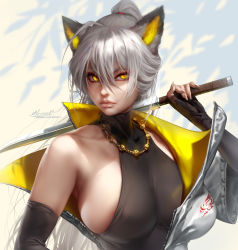 Rule 34 | 1girl, aleriia v, animal ears, breasts, elbow gloves, expressionless, fingerless gloves, fox, fox ears, fox girl, gloves, grey hair, hair between eyes, hair tie, highres, holding, holding sword, holding weapon, jacket, jewelry, kitsune, large breasts, lips, long hair, mole, mole under eye, nail, nail polish, necklace, nose, open clothes, open jacket, original, ponytail, sideways glance, slit pupils, solo, sword, upper body, weapon, weapon behind back, white background, yellow eyes