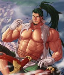Rule 34 | 1boy, abs, absurdres, bara, bare pectorals, bare shoulders, biceps, bow (weapon), braid, crossed legs, eyewear in mouth, unworn eyewear, facial hair, feet out of frame, glasses, gloves, goatee, green hair, highres, holding, holding bow (weapon), holding weapon, jewelry, ko shushu, large pectorals, long hair, looking at viewer, male focus, mature male, mouth hold, murakami teppa, muscular, muscular male, navel, necklace, nipples, pectorals, ponytail, revenger, seductive smile, shirt, side braid, single braid, smile, smirk, smoke, solo, stomach, thick eyebrows, torn clothes, torn shirt, veins, veiny arms, weapon, white gloves